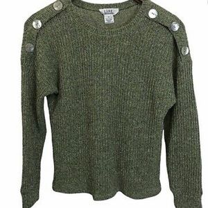 L.I.F.E Love Is For Eternity Sweater Green Heather Pullover Button Shoulders